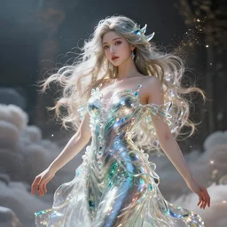 a beautiful female goddess of glass character, character is in all its glory, character is in her natural relaxed pose, rim lights, particles and dust in the air, fancy clouds, highly detailed professional photo, dynamic lights, particles are flying, depth of field, trending on artstation, professional illustration, hyper realistic, vray caustics, super detailed, colorful accents, cinematic shot
