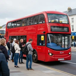 a crowd of people waiting a red two floors bus in ireland next to a river surrounded by tree in summer, overcast light