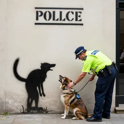 a police officer petting a dog, spraypainted on a wall in black using stencils by banksy, award - winning