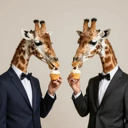 two fancy giraffes, dressed in suits, eating cupcakes