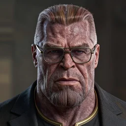 photo portrait of a handsome thanos with straight brown slicked back hair, while wearing thick rimmed glasses and an expensive suit, realistic, hyperrealistic, 8 k resolution, hd quality, very detailed, highly detailed, intricate details, real life, real world, trending on artstation, digital art, really realistic, very realistic, headshot, head in frame, photograph, portrait, head in frame