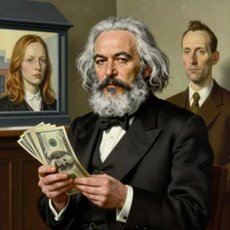 Karl marx holding lot of money he wants to get rich, highly detailed, very coherent, painted by Francis Bacon and Edward Hopper, Wayne Barlowe, painted by James Gilleard, surrealism, airbrush,  art by JamesJean