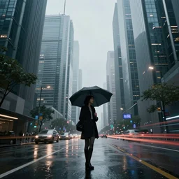 city of the future, many skyscrapers, blade runner style, hyper - realistic, octane render, realistic, real, street, rain, beautiful girl with umbrella wearing