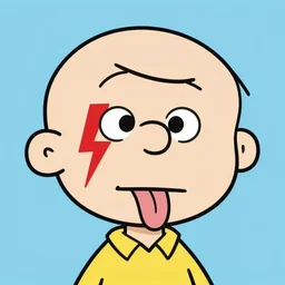 cartoon portrait of a kid with tongue out, red lightning tattoo on left eye, art by charles schulz
