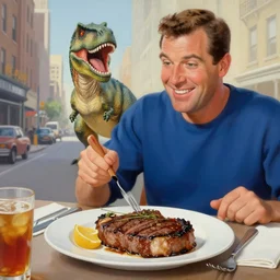 beautiful lifelike painting of gene kelly demanding a refund on undercooked overpriced dinosaur steak in downtown dive bar bistro, hyperreal detailed facial features and uv lighting, art by osamu sato and ryu noguchi