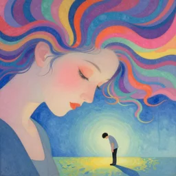 a colorful vibrant meglaphobia giant beautiful womans face looking down at small man bowing calm aesthetic dreamy vibes and dreaming psychedelic hair, by kawase hasui, moebius, edward hopper and james gilleard, zdzislaw beksinski, steven outram colorful flat surreal design, hd, 8 k, artstation