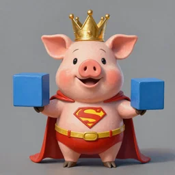 lisa frank superhero pose pig wearing a gold crown holding 3d rectangles painting by android jones