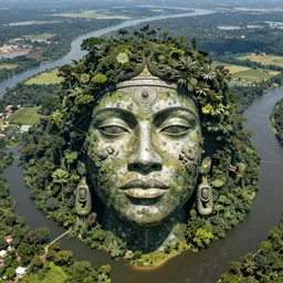the face of the goddess of the amazon rainforest, made of the landscape of the amazon river basin, from a helicopter perspective looking down