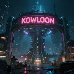 Cyberpunk space colony, Kowloon walled city style, Digital art with cyberpunk tones, Luminous neon sign, at night