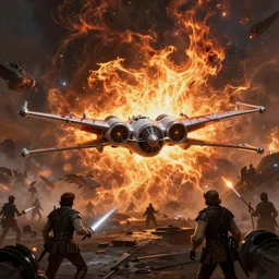 epic naval battle, star wars x wing. by artstation trending, by joseph mallord william turner, luis royo, konstantin razumov, cinematic lighting, fractal flame, highly detailed