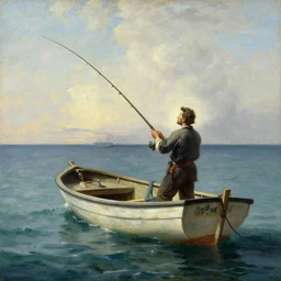 detailed painting of a man fishing on a small boat in the ocean by Ivan Aivazovsky, 4k details