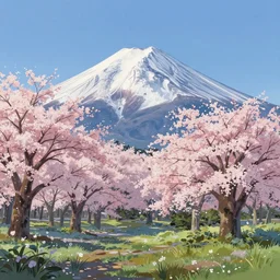 a real photographic landscape painting with incomparable reality, wide angle, in forest, flowers, cherry blossom tree in full bloom, bright style, mount fuji, clearing, magnificent, artstation, art by makoto shinkai