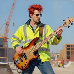 an action painting of Prince as a construction worker in a hi viz jacket playing the bass