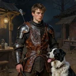 painting of a young man wearing a worn, old, cheap, leather gambeson, alongside a black and white dog, guarding a tavern at night, sharp focus, award - winning, trending on artstation, masterpiece, highly detailed, intricate. art by rebecca guay