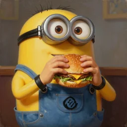 an epic painting minion, really fat guy, eating burger, oil on canvas, perfect composition, golden ratio, beautiful detailed, photorealistic, digital painting, concept art, smooth, sharp focus, illustration, artstation trending, octane render, unreal engine
