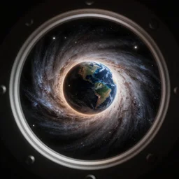 Realistic photo of a black hole absorbing the planet Earth at the middle of the Milky Way Galaxy, view through the porthole