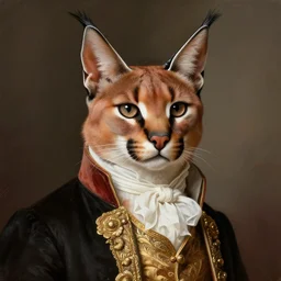 portrait of caracal cat dressed in aristocratic clothing. elegant, highly detailed, digital painting, artstation, concept art, smooth, sharp focus, illustration, art by artgerm and greg rutkowski and alphonse mucha