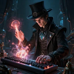 sci fi cyberpunk fantasy art prompt magician casting spells with keyboard, by greg rutkowski ultrahd dark volumetric lighting hyper detailed unreal engine octane render