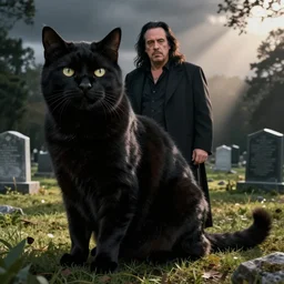goth danny devito with a huge black cat at a cemetery