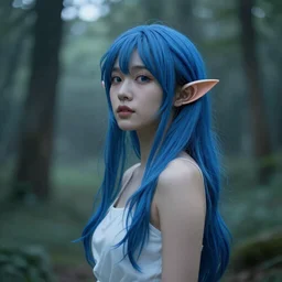 beautiful young Asian elf woman with elf ears and blue hair in a hazy forest at dusk, by Guy Denning