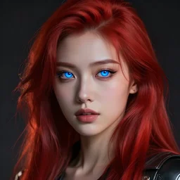 a cyberpunk girl with vibrant red hair and blue glithy eyes