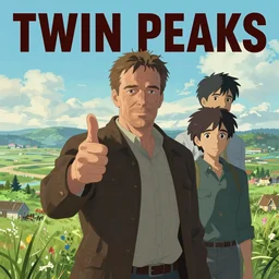 Twin Peaks poster artwork by Michael Whelan and Tomer Hanuka, Rendering of Dale Cooper giving thumbs up, by Makoto Shinkai and thomas kinkade, Matte painting, trending on artstation and unreal engine