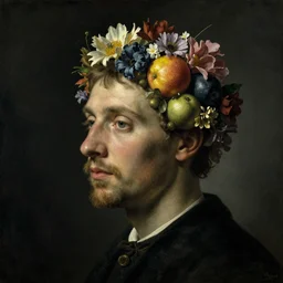 a man's face in profile, hair made of flowers and fruit, in the style of the dutch masters and gregory crewdson, dark and moody