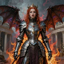 Gothic princess girl in dragon armor on a neoclassical city. By (Rembrandt painting(100)(fractal flame)), psychedelic, mech, highly detailded