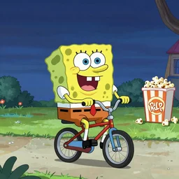 Sponge riding a uniccyle at 3 in the morning while a kernel of popcorn yells for him to get off his lawn