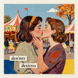 two women kissing at a carnival in autumn, mixed media collage, retro, paper collage, magazine collage, acrylic paint splatters, bauhaus, claymation, layered paper art, sapphic visual poetry expressing the utmost of desires by jackson pollock