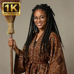 an anthropomorphic beautiful smiling goddess female wizard portrait holding a broomstick wearing batik robe, round glasses, dreadlock breed hair, fine art, award winning, intricate, elegant, sharp focus, octane render, hyperrealistic, cinematic lighting, highly detailed, digital painting, 8 k concept art, art by jamie hewlett and z. w. gu, masterpiece, trending on artstation, 8 k
