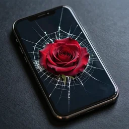 A cracked phone screen, the cracks are in the shape of a rose