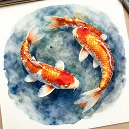 watercolor art on paper, beautiful koi fish pond, highly detailed, artstation, masterpiece, award - winning