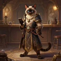 full body photograph of a male anthropomorphic siamese cat fursona healing mage in a tavern, deep focus, intricate, elegant, highly detailed, digital painting, artstation, concept art, matte, sharp focus, illustration, d & d, fantasy, hearthstone, art by artgerm and greg rutkowski and alphonse mucha