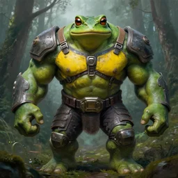 asthetic!!!!!! beautiful!!!!! macro medium shot, rugged anthropomorphic muscular!!!!!!!!! oversized!!!!!!!! hulked!!!! frog as oversized green armored barbarian armored hunter with yellow chest wearing war soldier uniform sci - fi armor in deep forest, foggy, oil painting by frazetta by