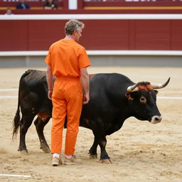 bull wearing orange inmate clothes in a bullring with a torero