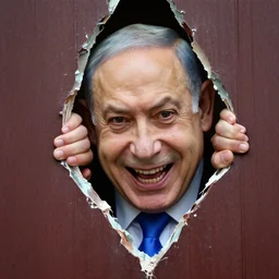 here's johnny! a close - up of benjamin netanyahu sticking his head through a broken door, psychopathic smile, crazy laughter, insane look