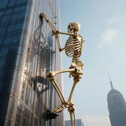 giant human skeleton climbing the side of a skyscraper, 4 k, volumetric lighting, epic scale, surrealism, dystopian, photograph