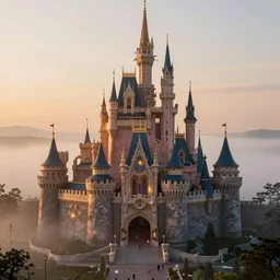 a highly detailed photo of a 8 0's techno castle surrounded by a mist shot during golden hour on 3 0 mm film painted by alena aenami, rendered in unreal engine