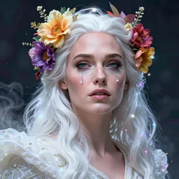 gal gadot, portrait, a colorful and vibrant majestic white queen open wide eyes drops a tearwith flowers on her hair, glowing light orbs, intricate concept art, elegant, digital painting, smooth, sharp focus, ethereal opalescent mist, outrun, vaporware, cyberpunk darksynth, ethereal, ominous, misty, by ruan jia and miho hirano, 8 k, rendered in octane