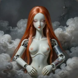 ultra realist and ultra intricate detailed soft painting of a kawai malefic porcelain doll with cyber pincers arms,  thin lustrous long auburn hair, symmetry features, sensual gloomy style, volumetric clouds, cinematic, 8k resolution, photorealistic, digital painting, dark atmosphere, artstation, concept art, sharp focus, fantasy background, artstation trending, octane render, unreal engine