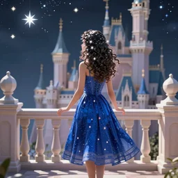 a full body tall young female with curly shining hairs in blue dress rounding on a balcony of castle under a falling stars, view from a behind perspective. vfx effects, intricate, elegant, sharp focus, high quality render, many polygons, f 9 5 zone