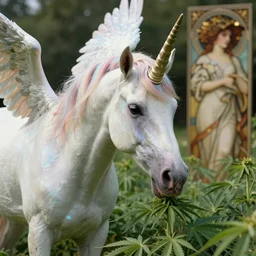 a iridescent unicorn with wings eating in a field of marijuana, art by artgerm and greg rutkowski and alphonse mucha, concept art, octane render, unreal engine 5, highly detailed, high quality, 8 k, soft lighting, realistic face, path traced