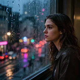 alexandra daddario looking out a window on a rainy night, nighttime!, raining!!, colorful city light reflections!!