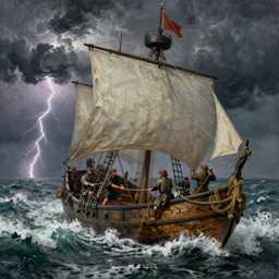 a medieval vessel sailing the sea in a rough storm, sailors frantically pulling at ropes and tying the sails, large waves crashing and lightning striking in the distance, dark great clouds swirling above, detailed and oil painting
