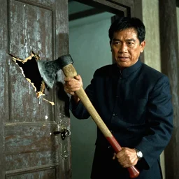Prayuth Chan-ocha breaking down door with axe in the movie the Shining