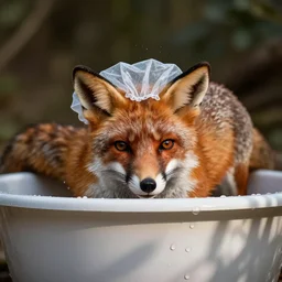 realistic fox taking a bath with a shower cap on