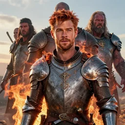 stunning portrait of impish ( ( ( ( copper haired chris hemsworth ) ) ) ) as destruction from sandman looking like kristofer hivju!!, medival armour!!, fire!!!, at dawn, by jeremy mann, by frank moth, jeff easley, alphonse mucha, dave mckean, soft lightning, high detailed, 8 k