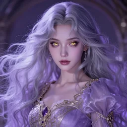 masterpiece ultra realistic illustration of a magical girl with silver hair and gold eyes, dreamy and ethereal, lavender tones, ornate dress, dramatic, cinematic, fantasy, highly detailed, smooth. in the style of artgerm and alphonse mucha, artstation trending.