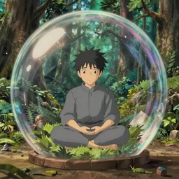 realistic interior shot from howls moving castle ( 2 0 0 4 ) of a grey monk meditating inside cubic bubble in a woodland pyramid valley. bubble. cartoon depth of field.